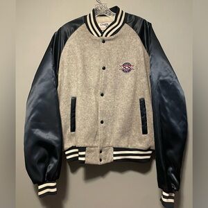 Chalk Varsity Bomber Jacket in Grey and Navy Blue